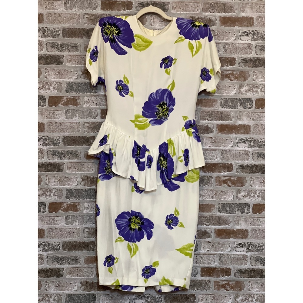 Hearts Floral Dress Ruffle Peplum Vintage‎ 90s Purple White Midi Size 10
